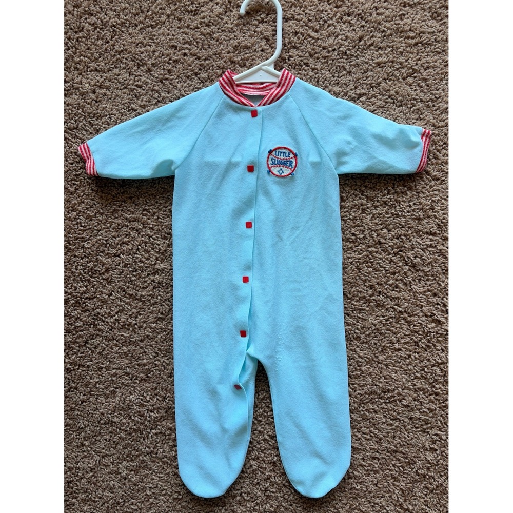 Vintage VTG LITTLE SLUGGER Baseball Polyester Footie 1pc Outfit Infant Baby